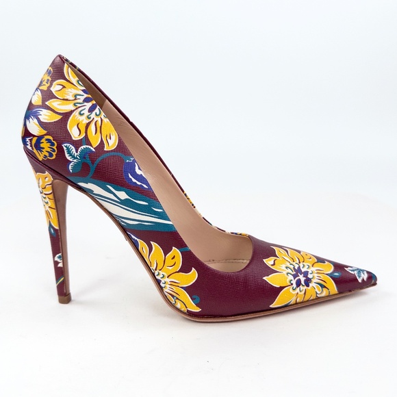 Prada Burgundy Floral Saffiano Leather Pumps Heels - Picture 2 of 8